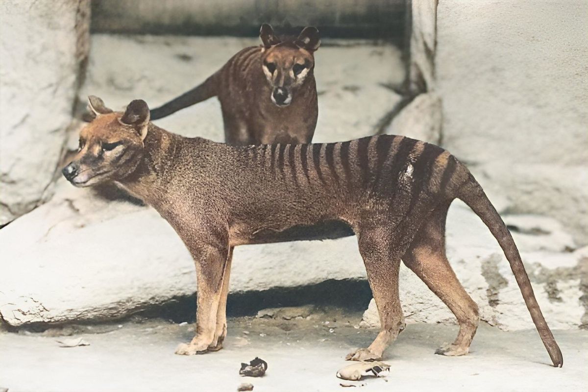 Two stripped, lean Tasmanian tigers standing on a rocky surface