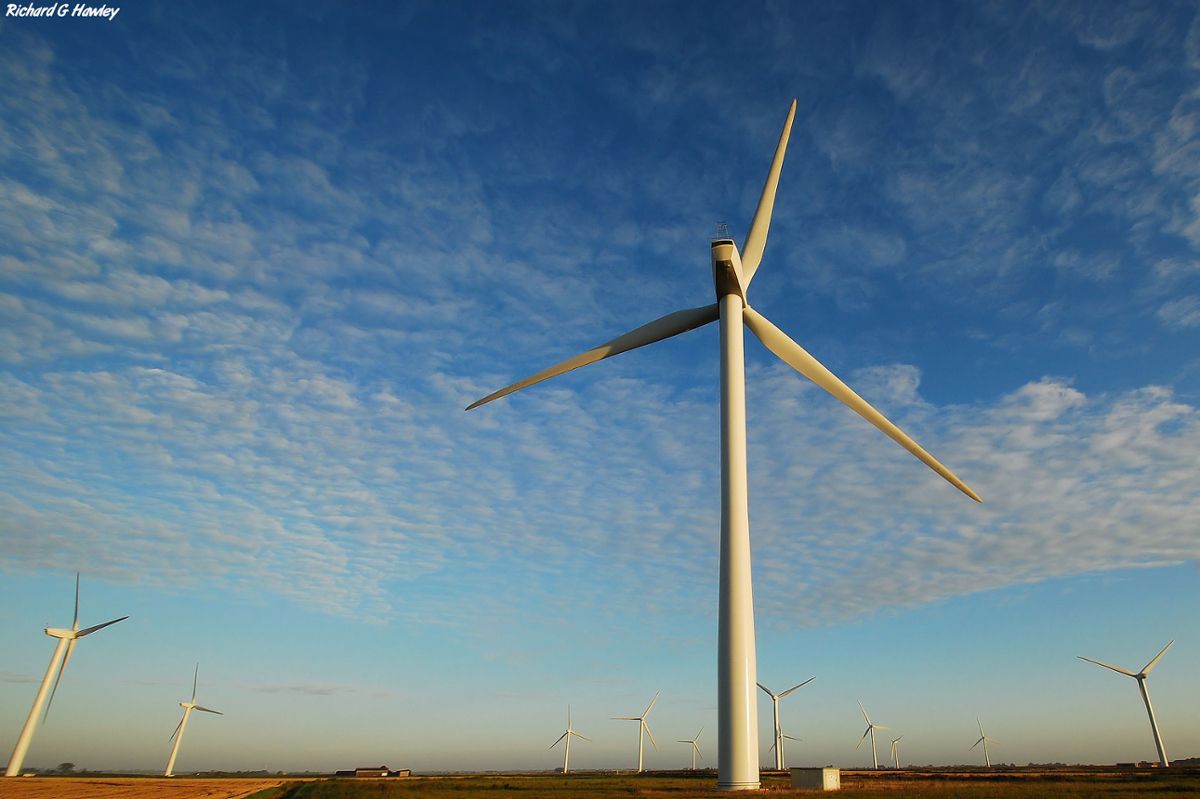 Several giant wind turbines with three blades each