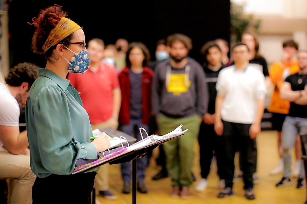 Crystal Manich directing a rehearsal of IU Opera Theater's production of Anne Frank by Shulamit Ran