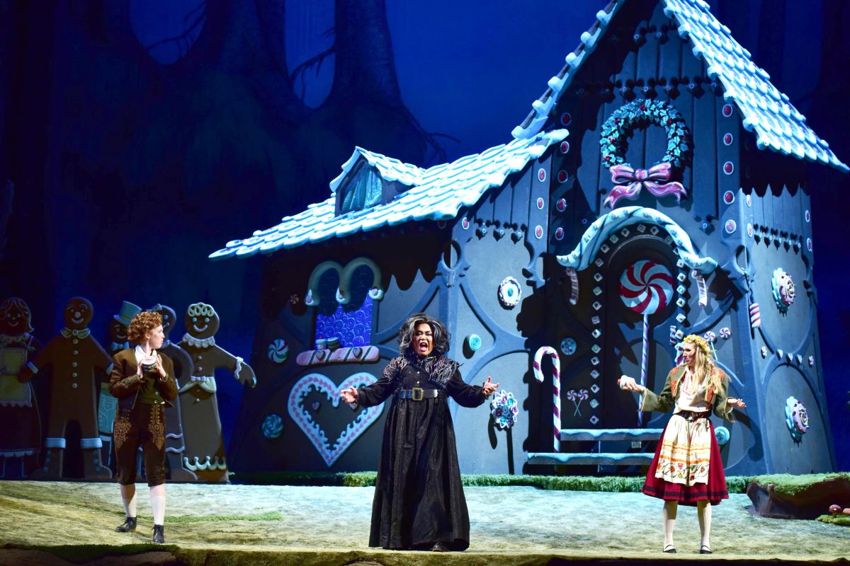 Antoinette Pompe van Meerdervoort (Hansel), Daesung Choi (Witch), and Kayla Kramer (Gretel) in a scene from IU Opera Theater’s Production of Hansel and Gretel by Engelbert Humperdinck