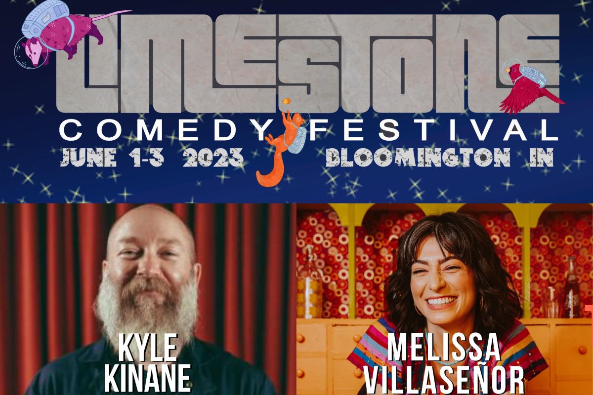Poster for the 2023 Limestone Comedy Festival featuring images of Kyle Kinane and Melissa Villasenor