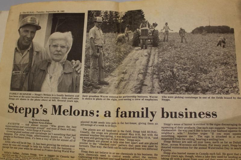 A photot of a newspaper article about the Stepp Family Melon Farm including a photo of a couple and of workers on the farm.