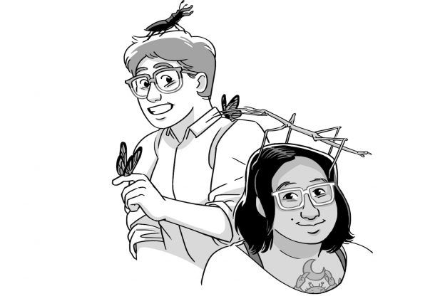 Cartoon drawing of Blue Deliquanti and Soleil Ho, with various insects on them. 