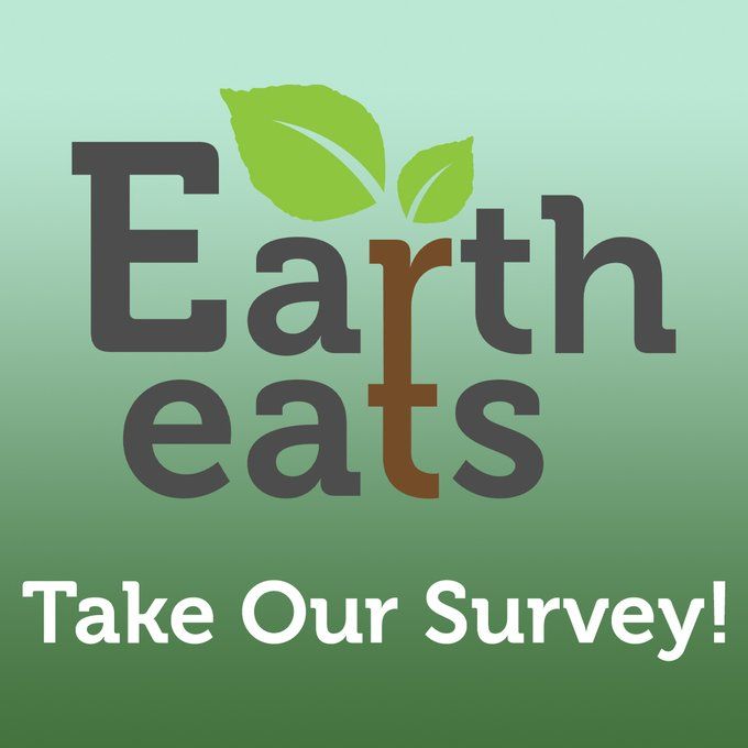 logo with words "earth eats" with a leaf and the words "take our survey"