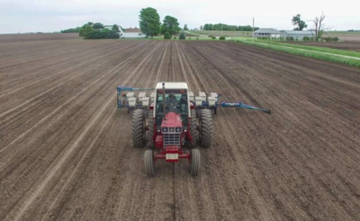 Tractor planting a field