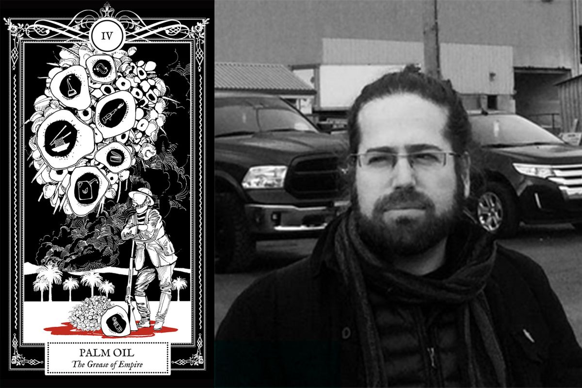 A drawing in the style of a tarot card with a person and palm production supply, next to a black and white head shot of Max Haiven