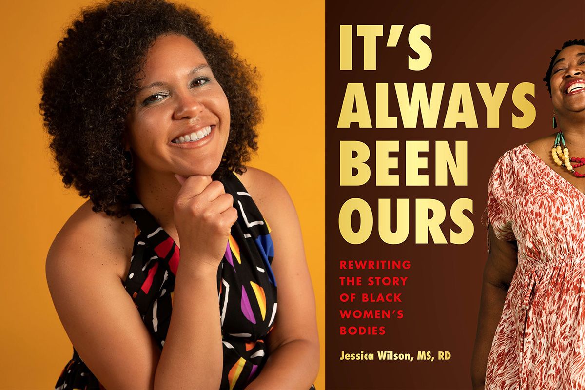 portrait of Jessica Wilson smiling with golden background next to book cover of It's Always Been Ours
