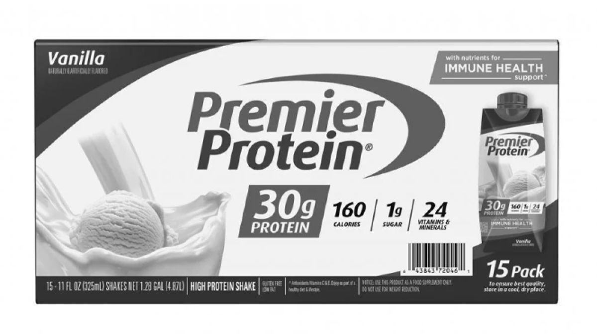 Box of Premier Protein shakes