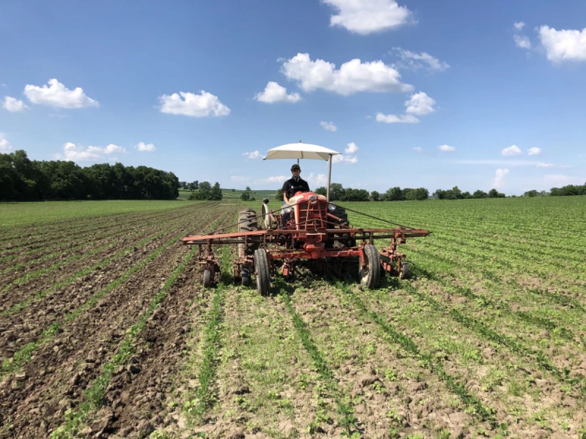 A tractor driving through a field 