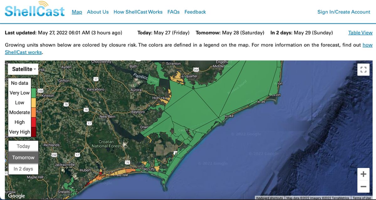 A screen shot of shellcast app--a satellite type map of a coast line with charts and symbols