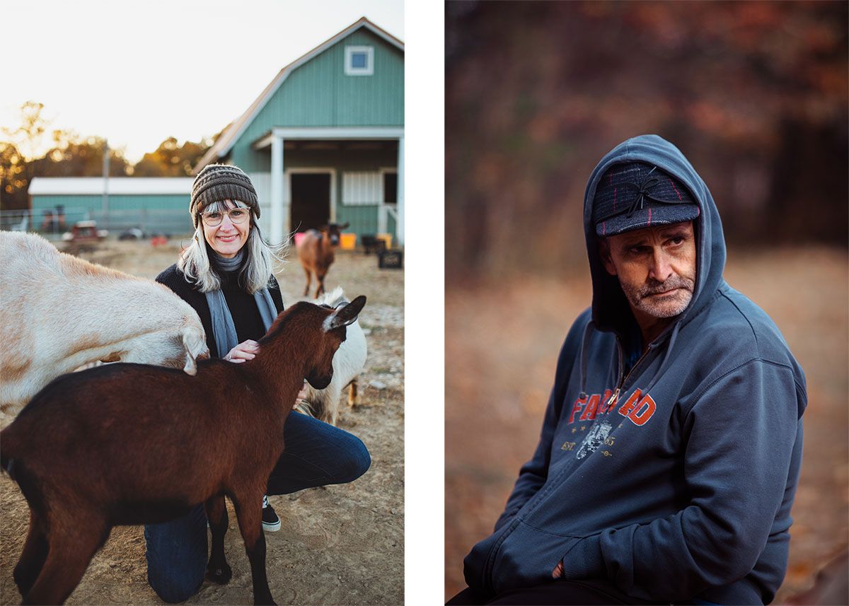 Sherri Dugger in knit cap, squatting down petting goats, smiling at camera with greenish blue barn in the background next to a portrait of Craig Watts, seated in a blue hoodie and cap, looking slightly over his shoulder