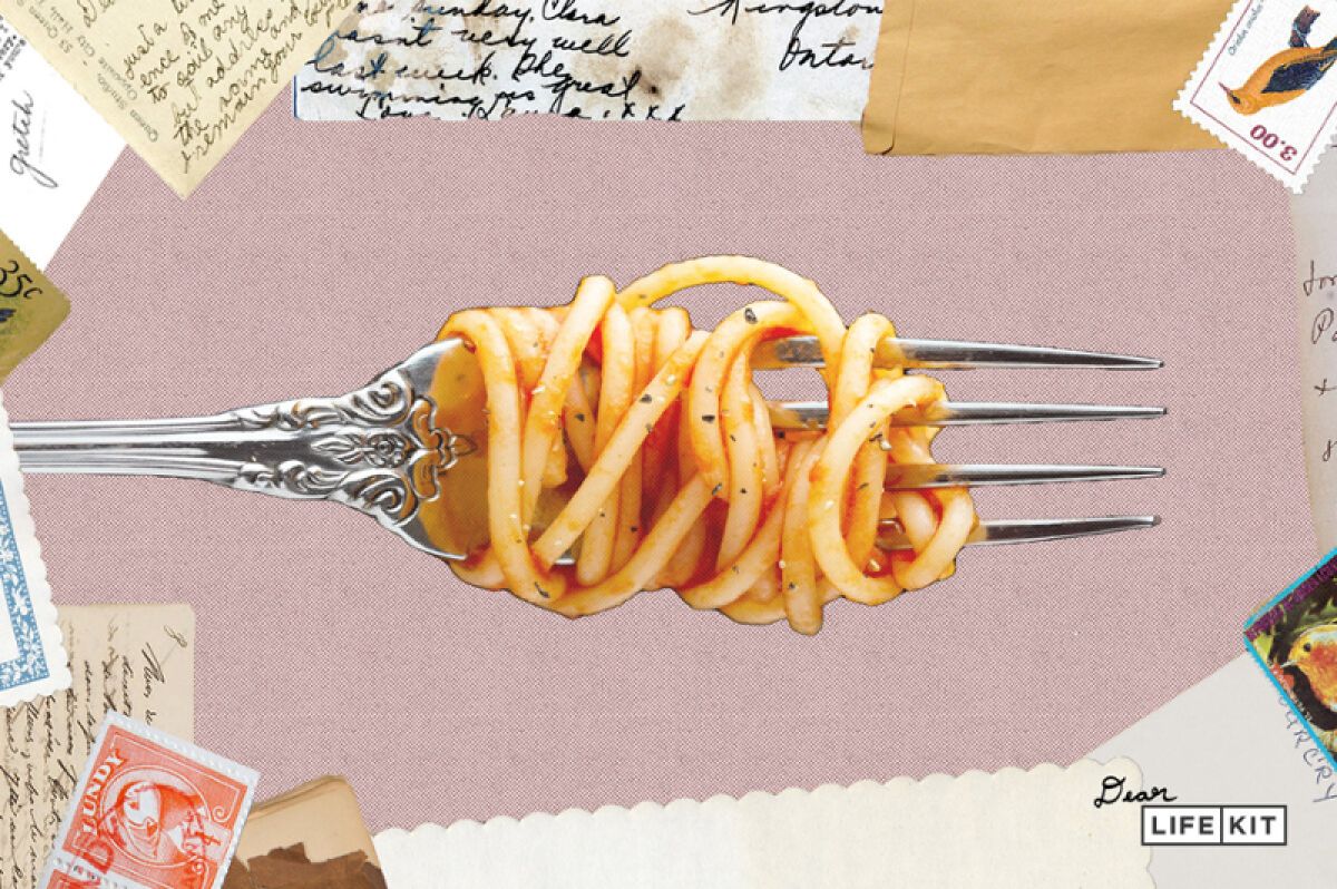 A collage with a fork full of pasta at the center