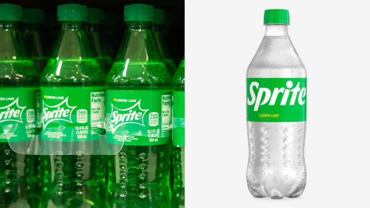 The old green bottle of Sprite and the new clear bottle 