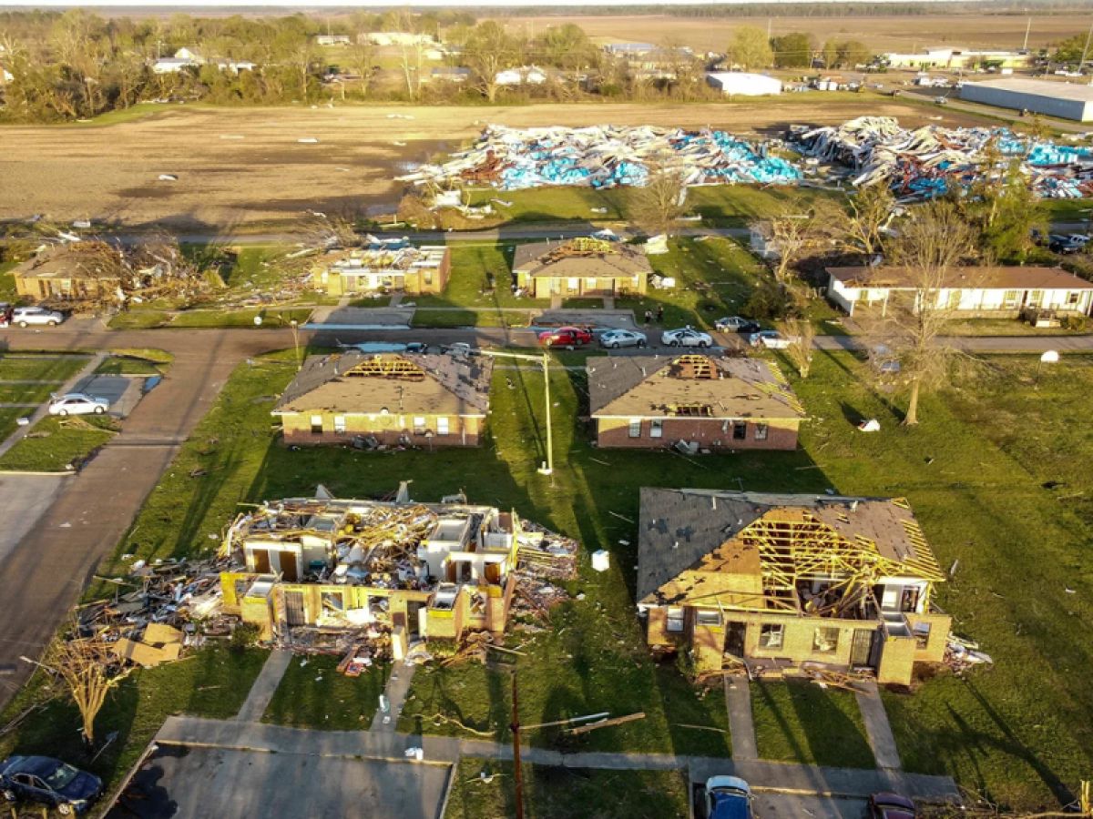 Aerial view of a neighborhood post tornado 