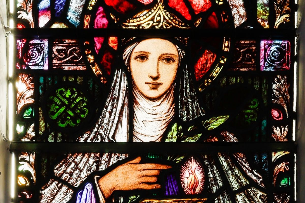 St. Brigid, stained-glass window at St. Mary of the Rosary in County Mayo, Ireland.