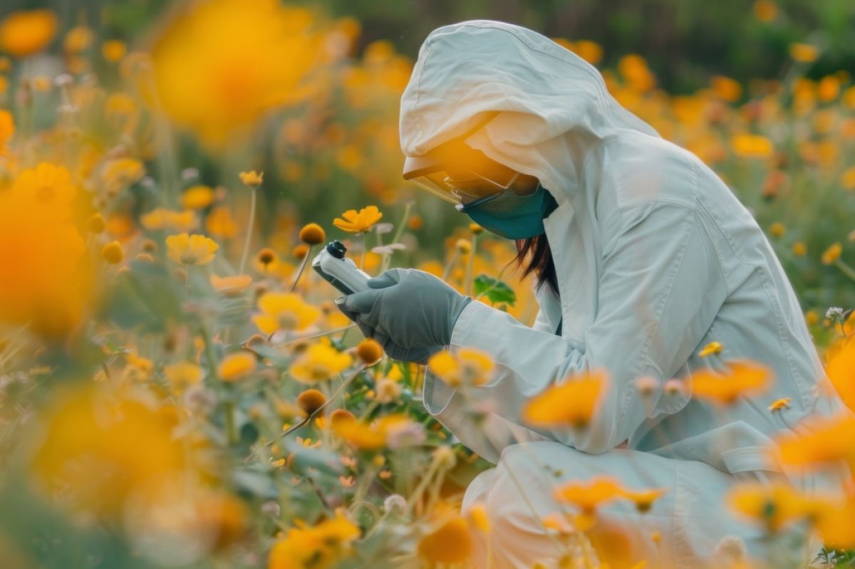 Scientist in a field of yellow flowers.
