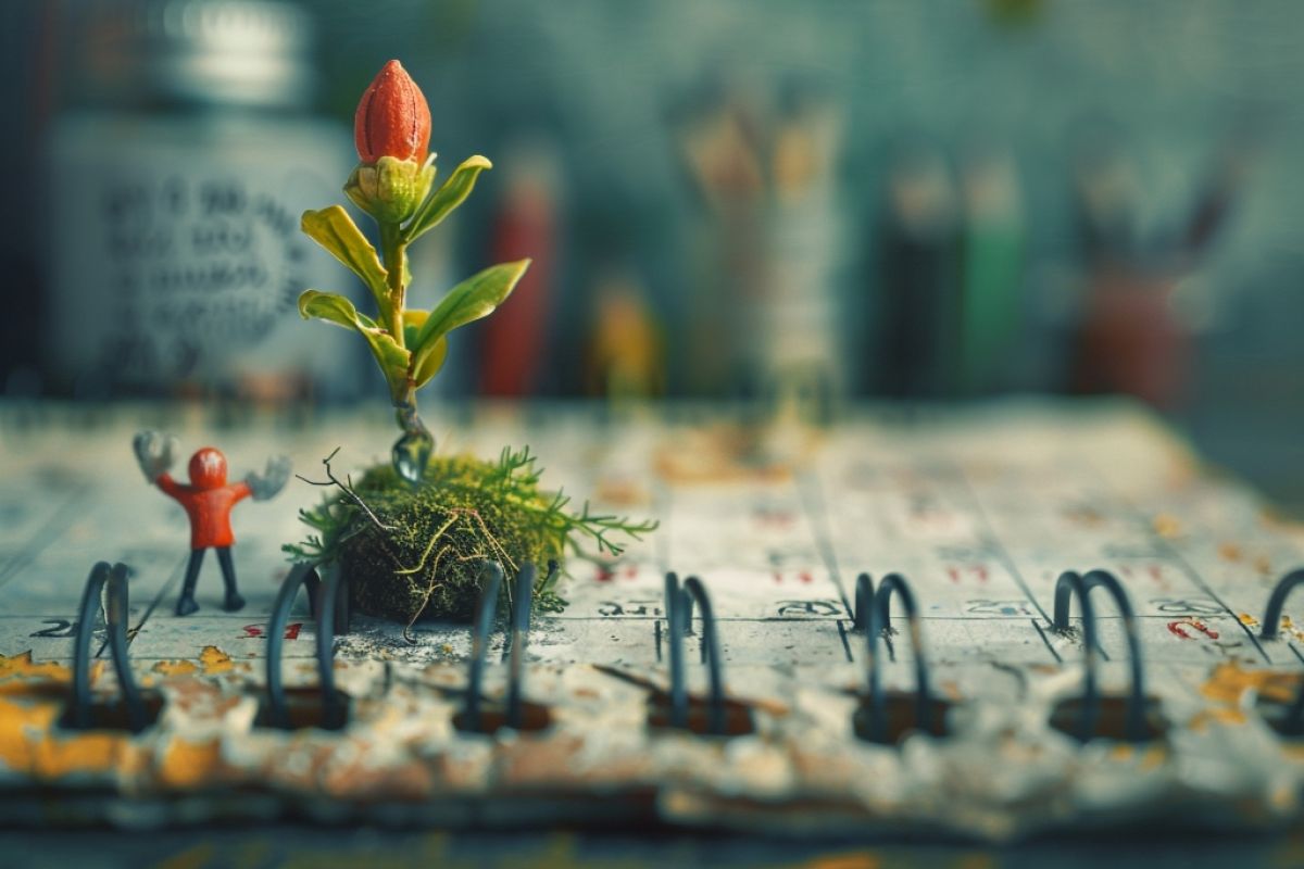 Diorama of a calender book with flower growing out of it.