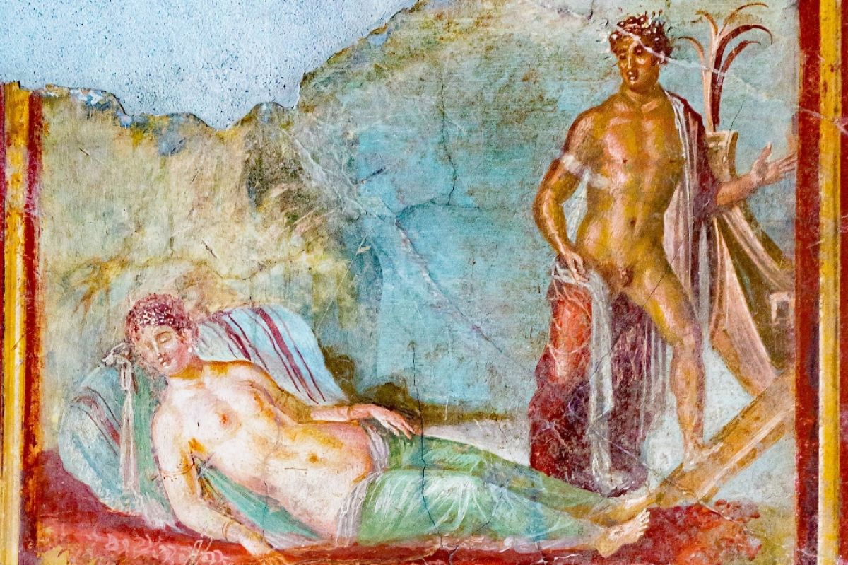 Pompeian wall painting, (45-79 AD). Ariadne sleeping on the coast of Naxos as Theseus boards his ship.