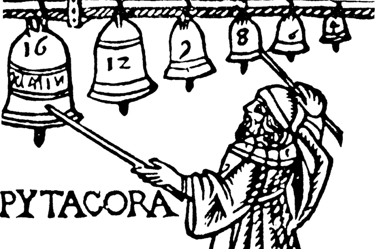 Section of a woodcut showing Pythagoras with bells in Pythagorean tuning. From Theorica musicae by Franchino Gaffurio, 1492 