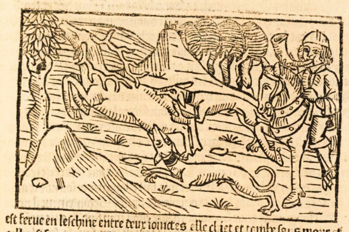 Medieval woodcut image of a hunter and dogs chasing a stag.