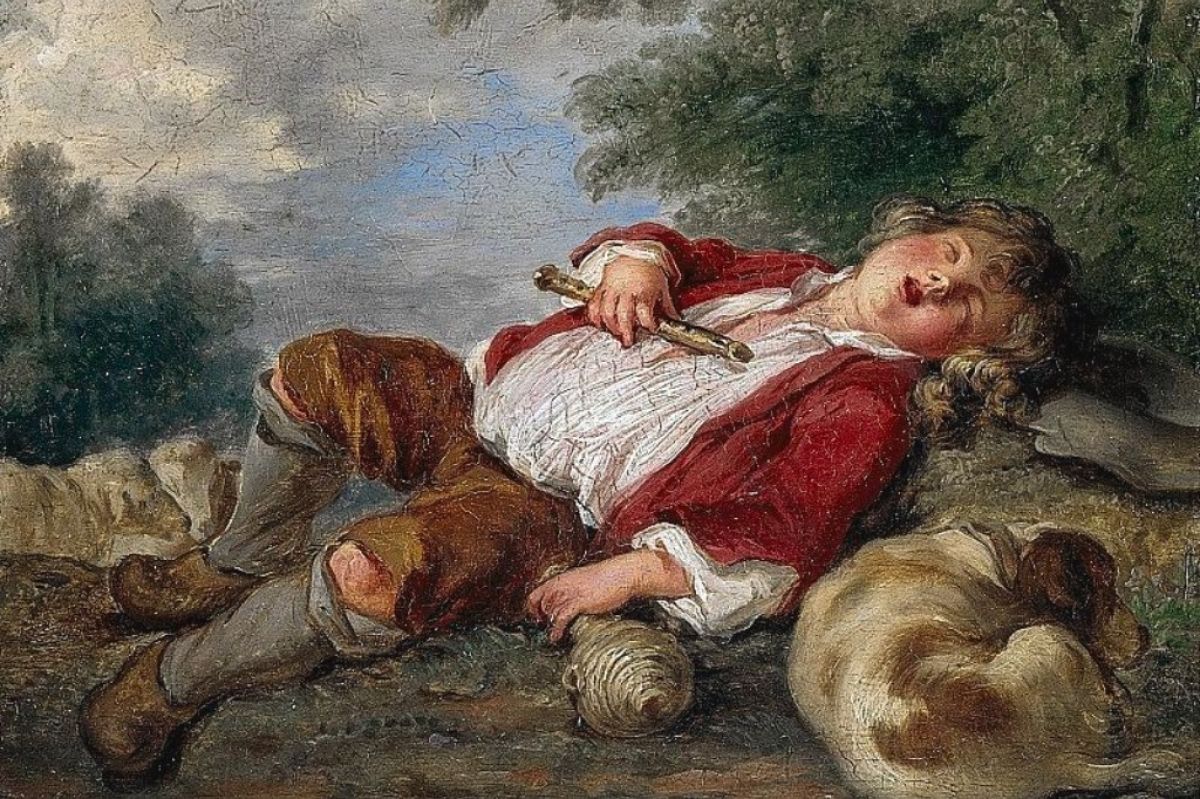 Francois Boucher’s painting “Sleeping Shepherd” from a reproduction by Eloisa Mannion.