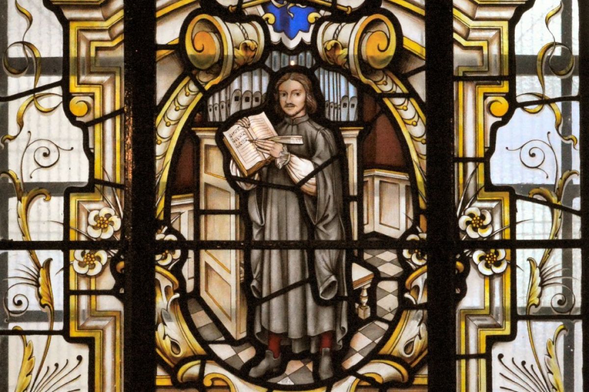 Stained glass image of Thomas Tallis at St Alfege Church, Greenwich, London..
