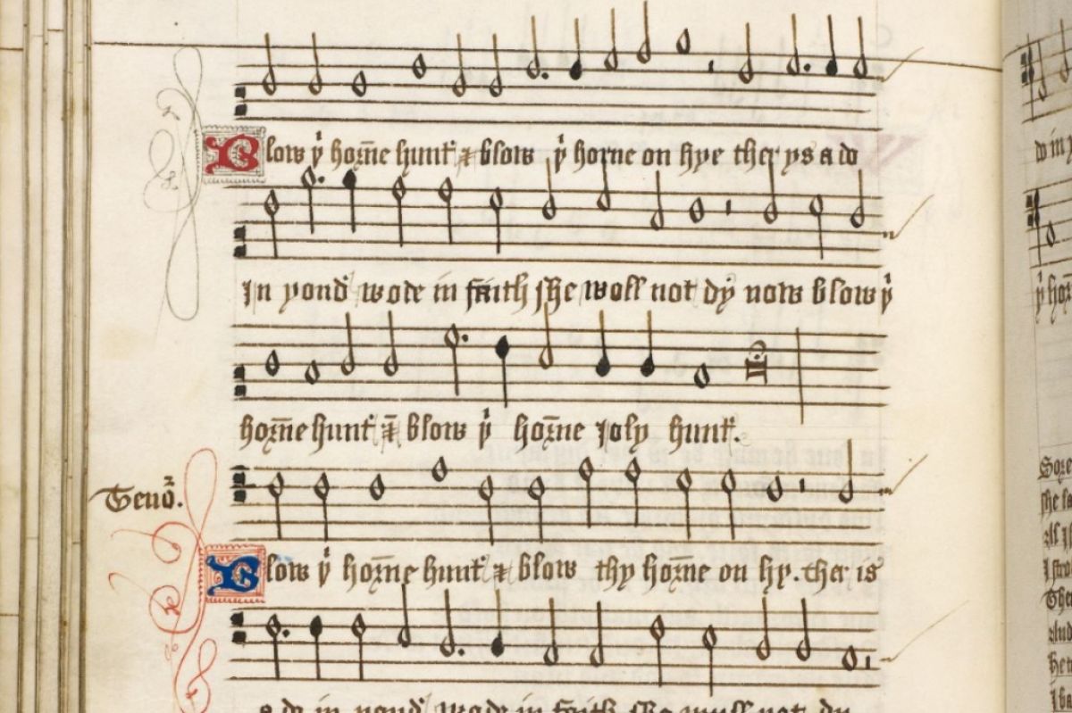 Manuscript music for the C16 song 'Blow thy horn, hunter."