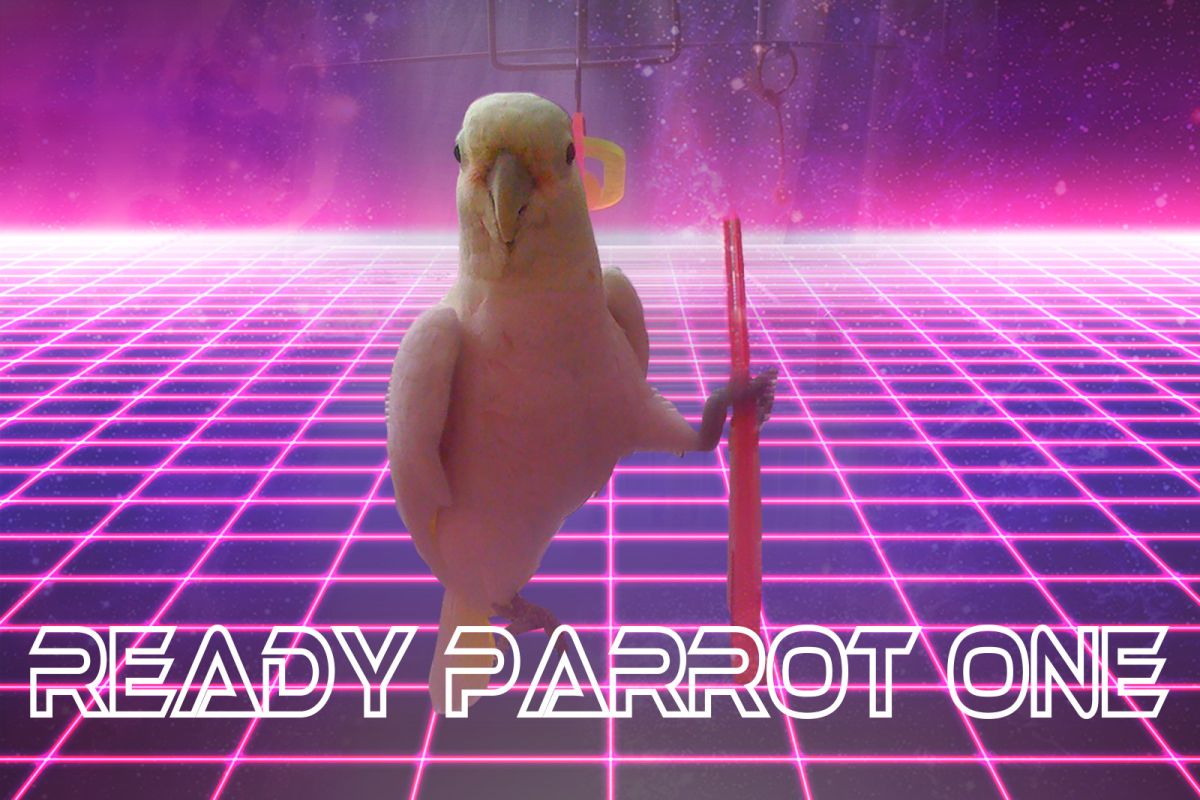 Parrot holding chopsticks over tron grid