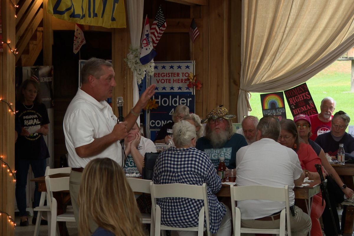 Lieutenant governor candidate Terry Goodin (D) speaks to Democrats at the Indiana Rural Summit