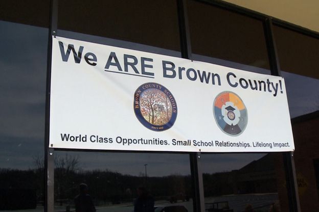 Banner outside Brown Co. High School