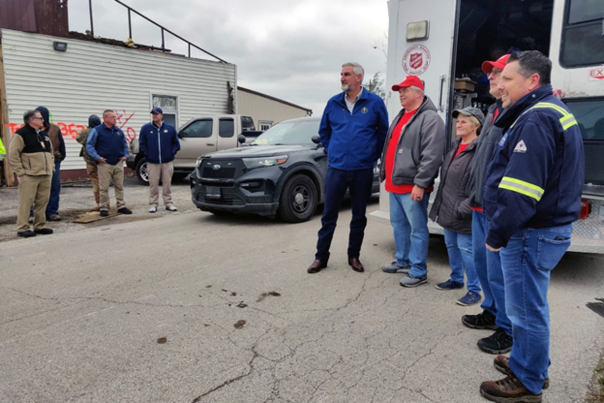 Gov. Holcomb toured Sullivan Saturday after devastating tornadoes ripped through the area Friday night.