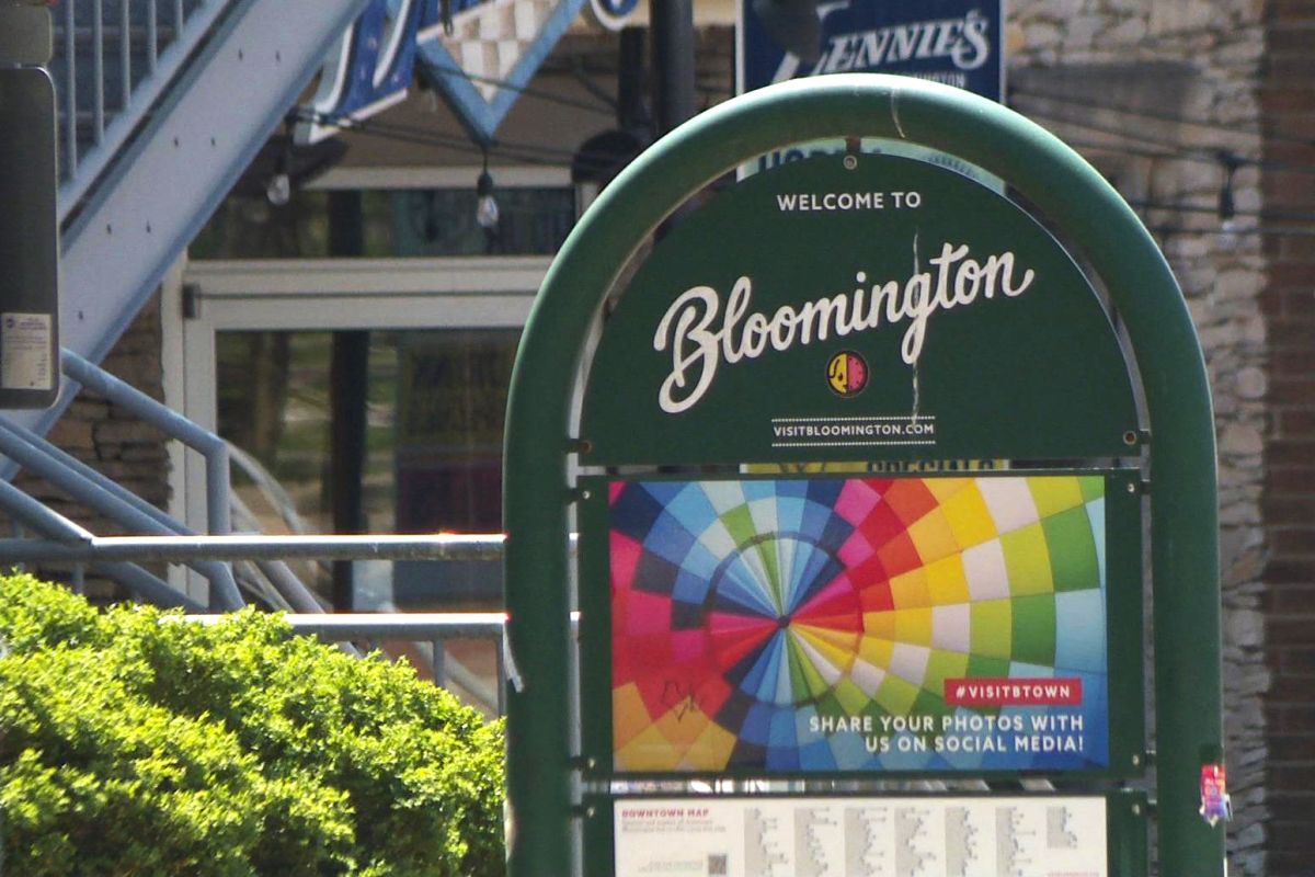 A “Welcome to Bloomington” sign is pictured on Kirkwood Avenue.