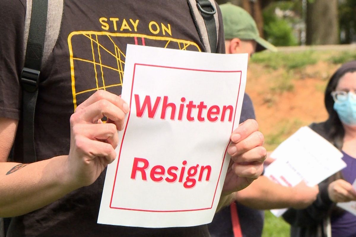 A "Whitten Resign" sign at the April 26, 2024, faculty protests.