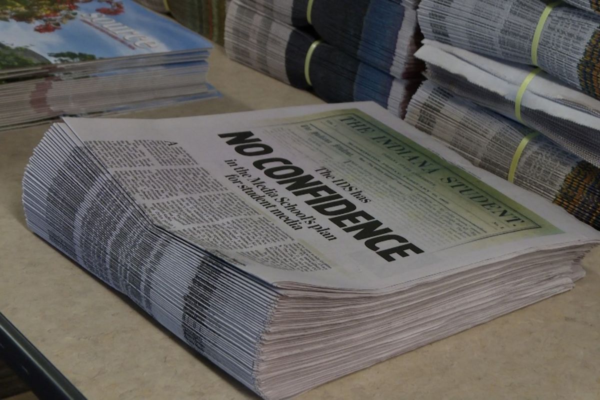 A stack of IDS newspapers published Oct. 10 say the student media organization has "no confidence" in IU's media merger plan.