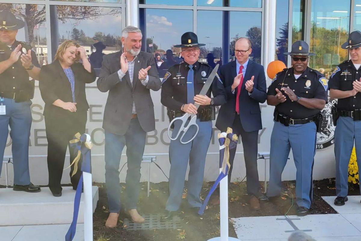 Governor Eric Holcomb and State Police Superintendent Doug Carter cut the ribbon on the new, 40,000-square-foot facility Tuesday.