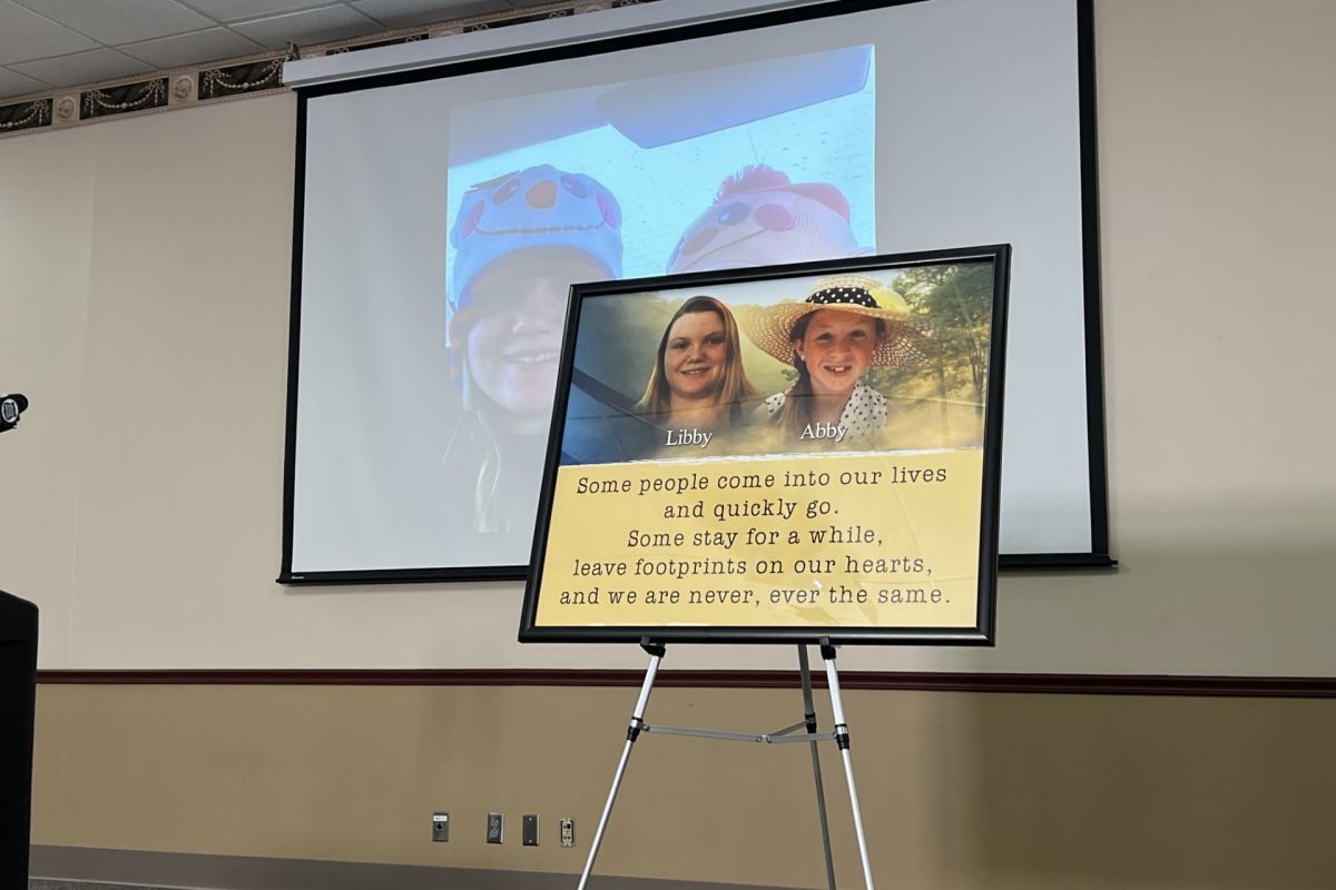 Photo display in honor of Delphi victims Abigail Williams and Liberty German