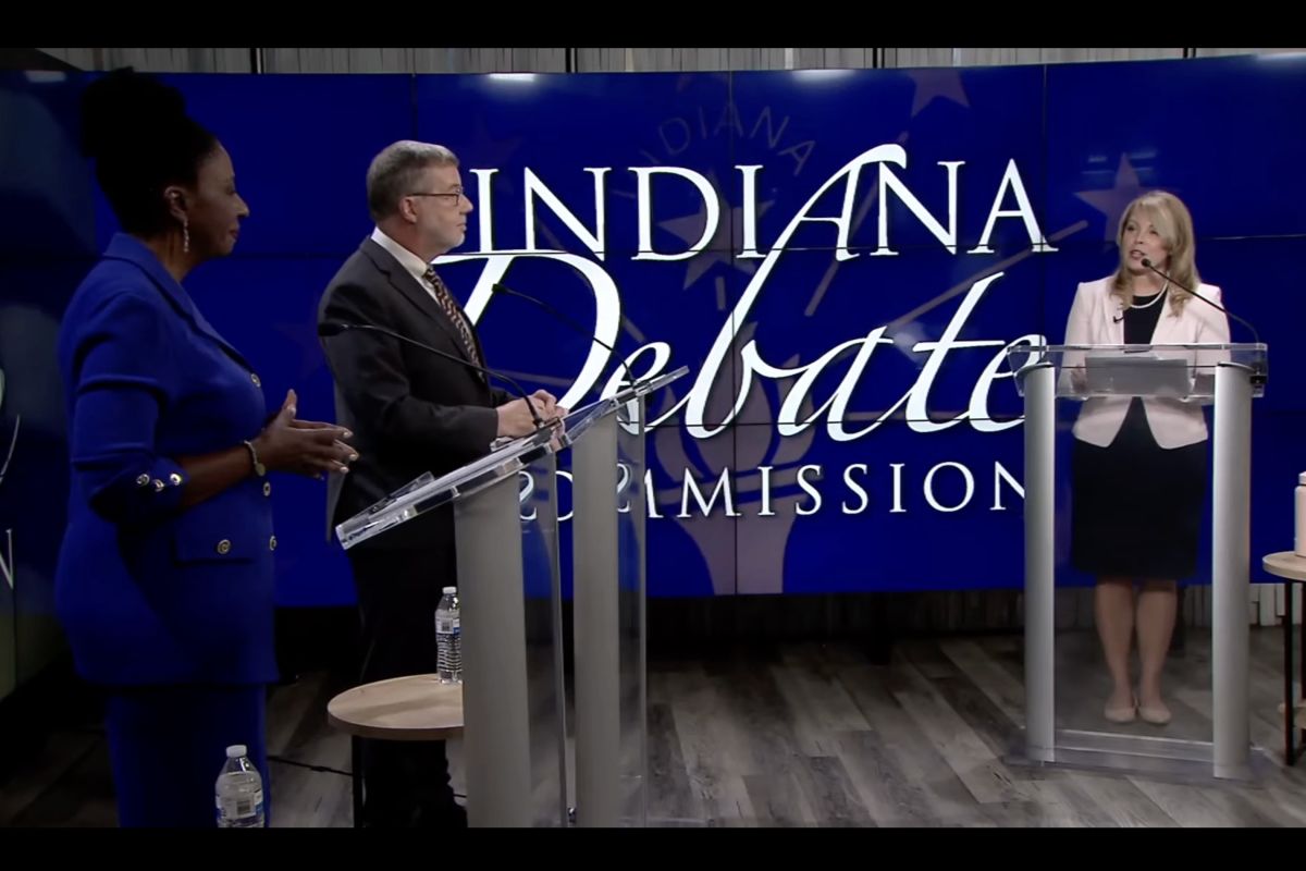 A screenshot of the livestream of the Indiana U.S. Senate debate.