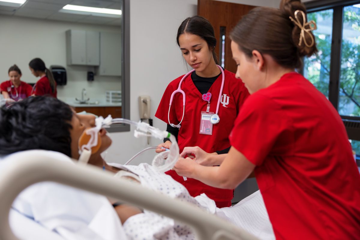 Indiana University nursing students work in a simulation lab at IU Indianapolis