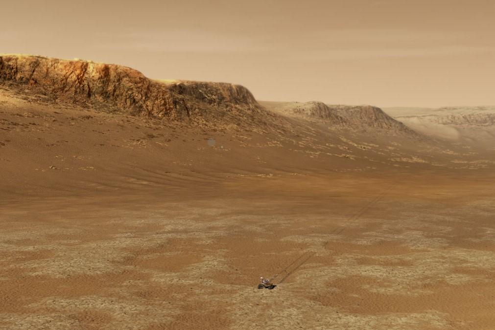 An artist's rendering of Mars rover Perseverance exploring the Jezero crater.