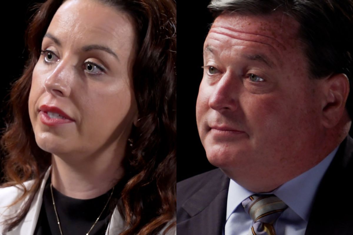 Democrat Destiny Wells, left, faces off against Republican incumbent Todd Rokita, right, in the 2024 race for Indiana attorney general.