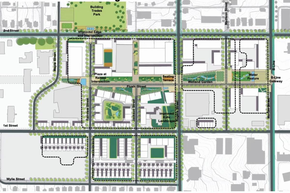 A map of a possible use for the Bloomington Hospital redevelopment site.