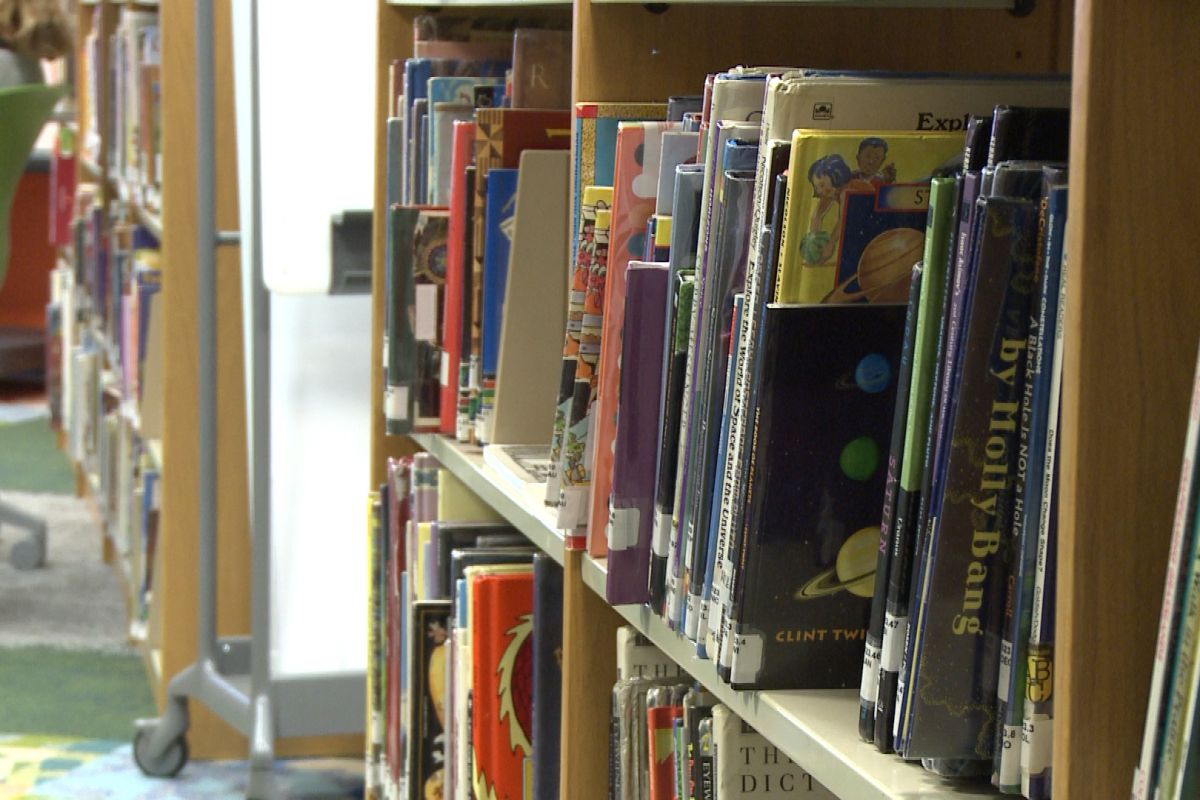 A stack of books on shelves in a school library.