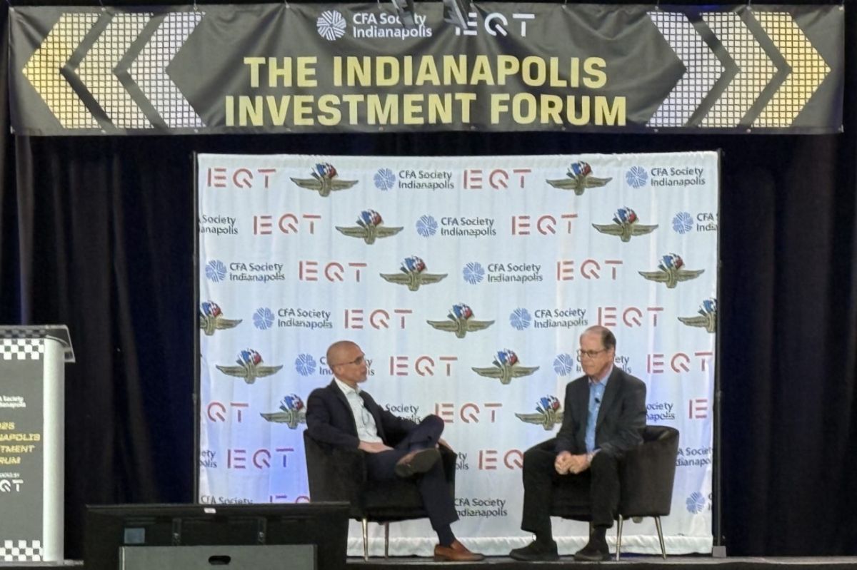 Indiana Gov. Mike Braun speaks at the 2025 Indianapolis Investment Forum on Tuesday, May 13, 2025, at the Indianapolis Motor Speedway.