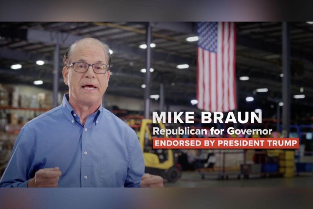  Gubernatorial candidate Mike Braun highlights an endorsement from former President Donald Trump in his first campaign advertisement.