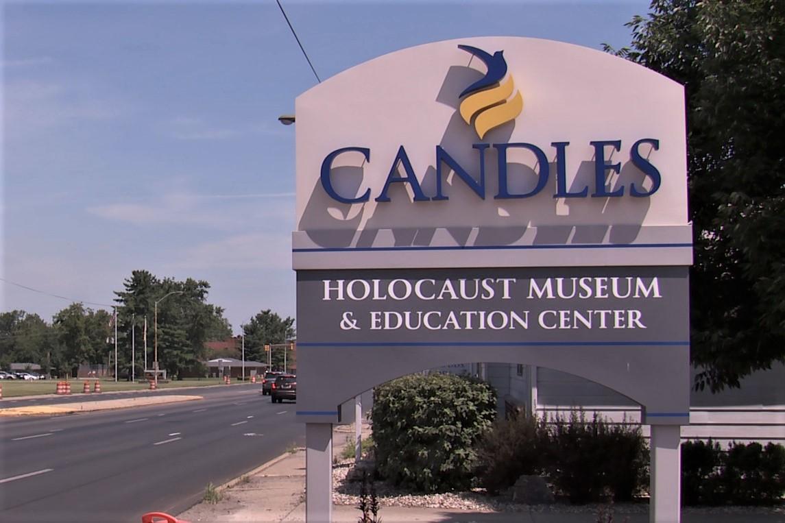 A sign for the CANDLES Holocaust Museum in Terre Haute.
