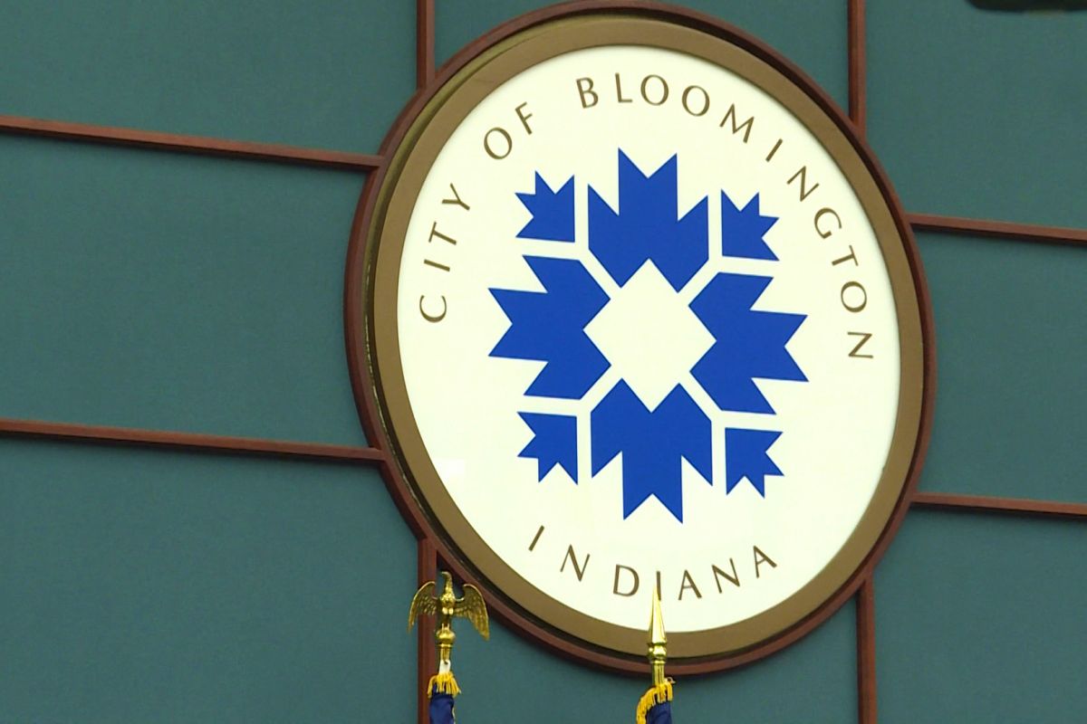 City of Bloomington logo inside City Hall Council Chambers