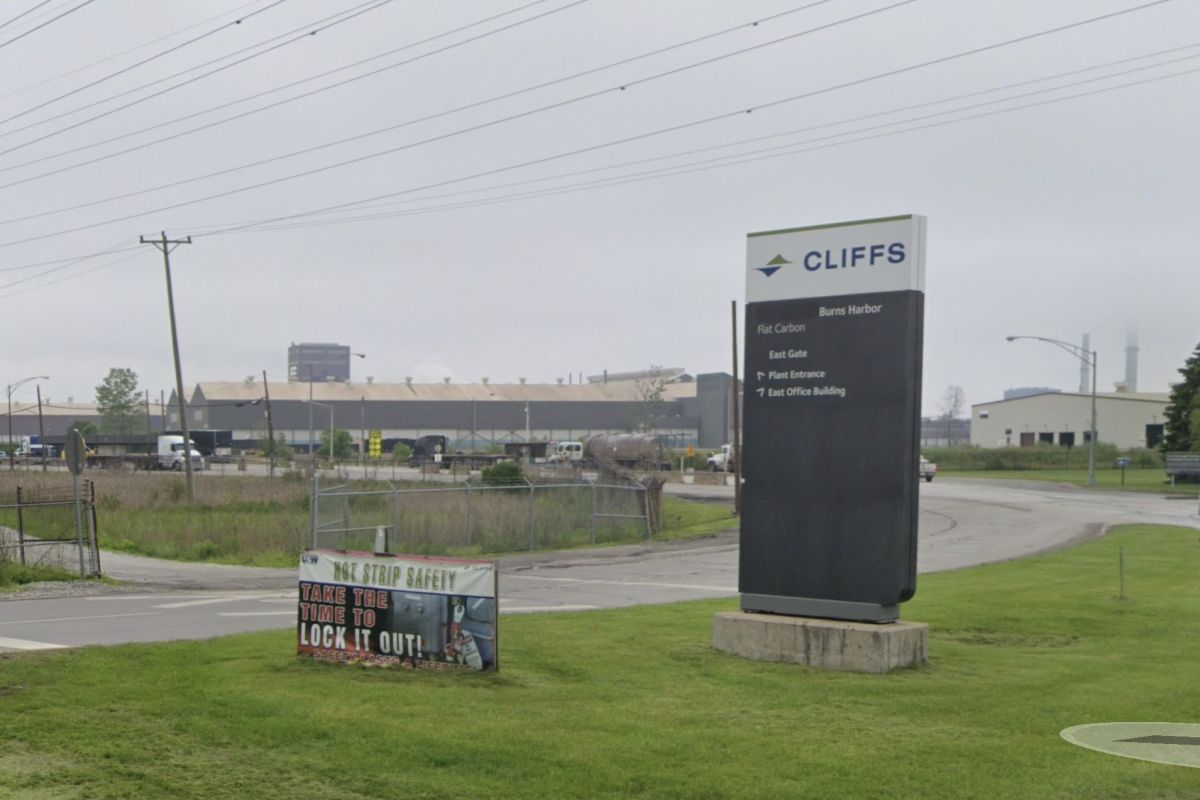 The entrance to Burns Harbor Cleveland Cliffs plant, from the street. 