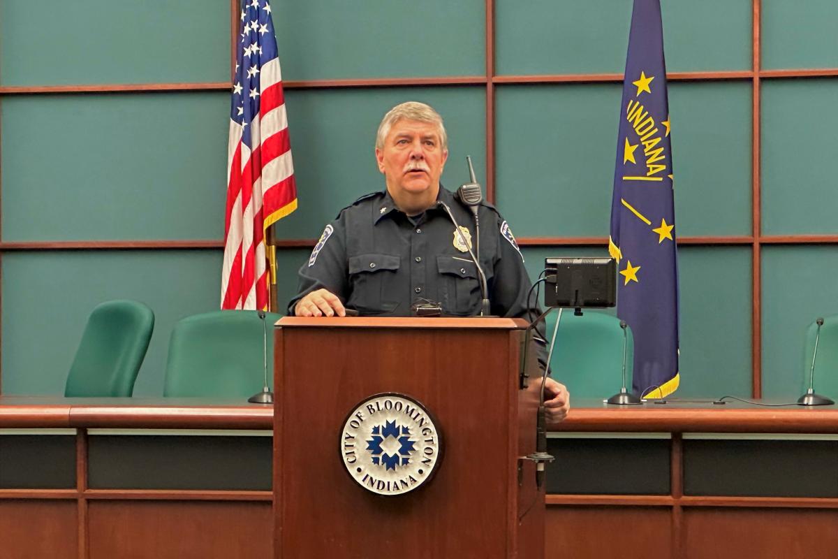 Bloomington Police Chief Michael Diekhoff gives a presentation Thursday, Feb. 9, 2023 at the city's seventh annual joint Public Safety Report.