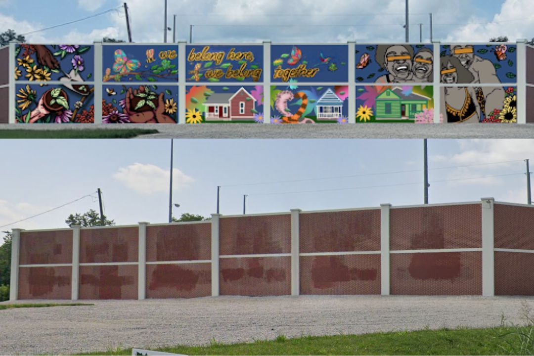 A comparison of the Duke substation wall, artist rendering of new mural