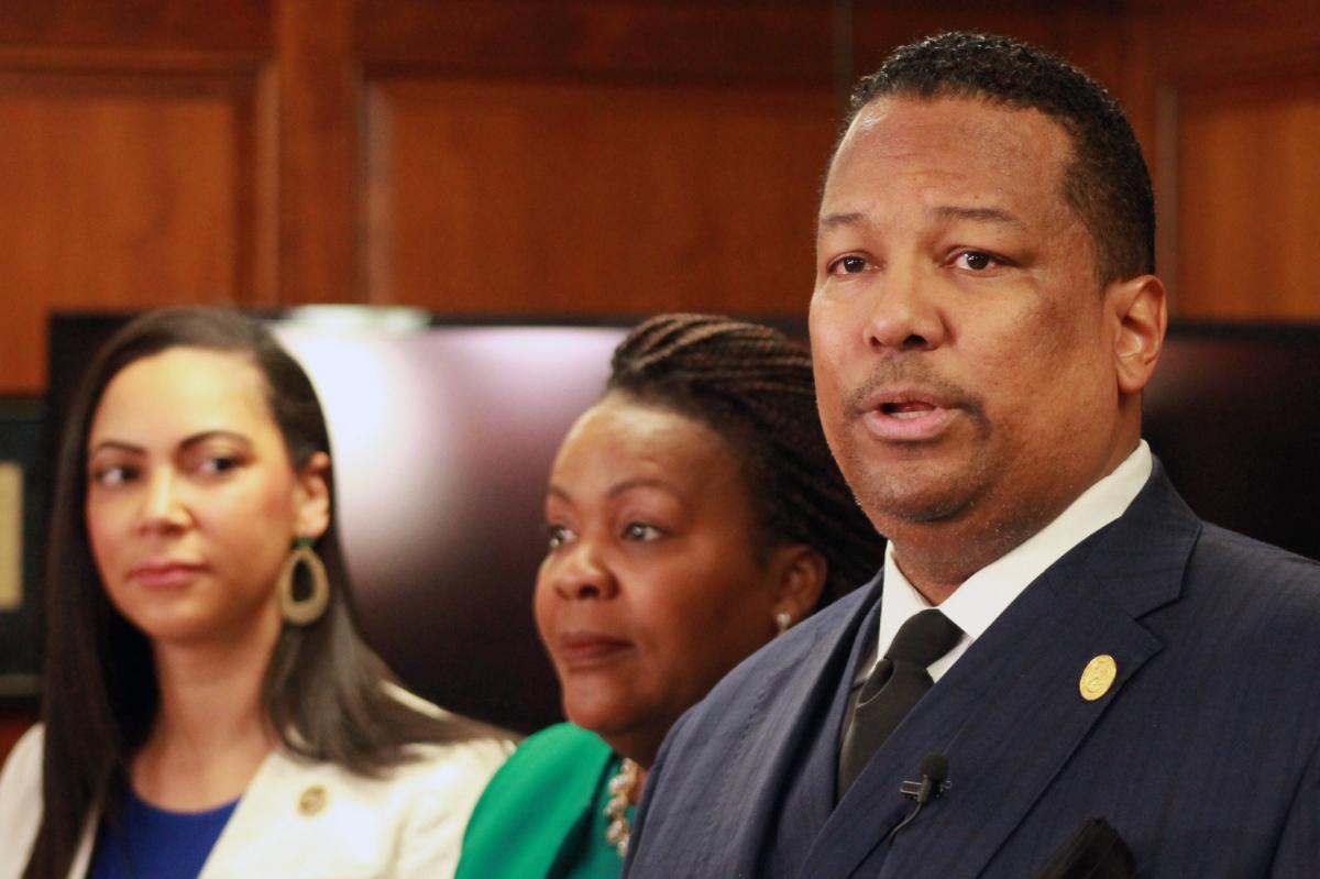 Indiana Black Legislative Caucus Chair Earl Harris (D-East Chicago) discusses the IBLC agenda in a press conference on Monday, Jan. 23, 2023. Beside Harris are fellow caucus members, from left, Sen. Andrea Hunley (D-Indianapolis) and Rep. Robin Shack